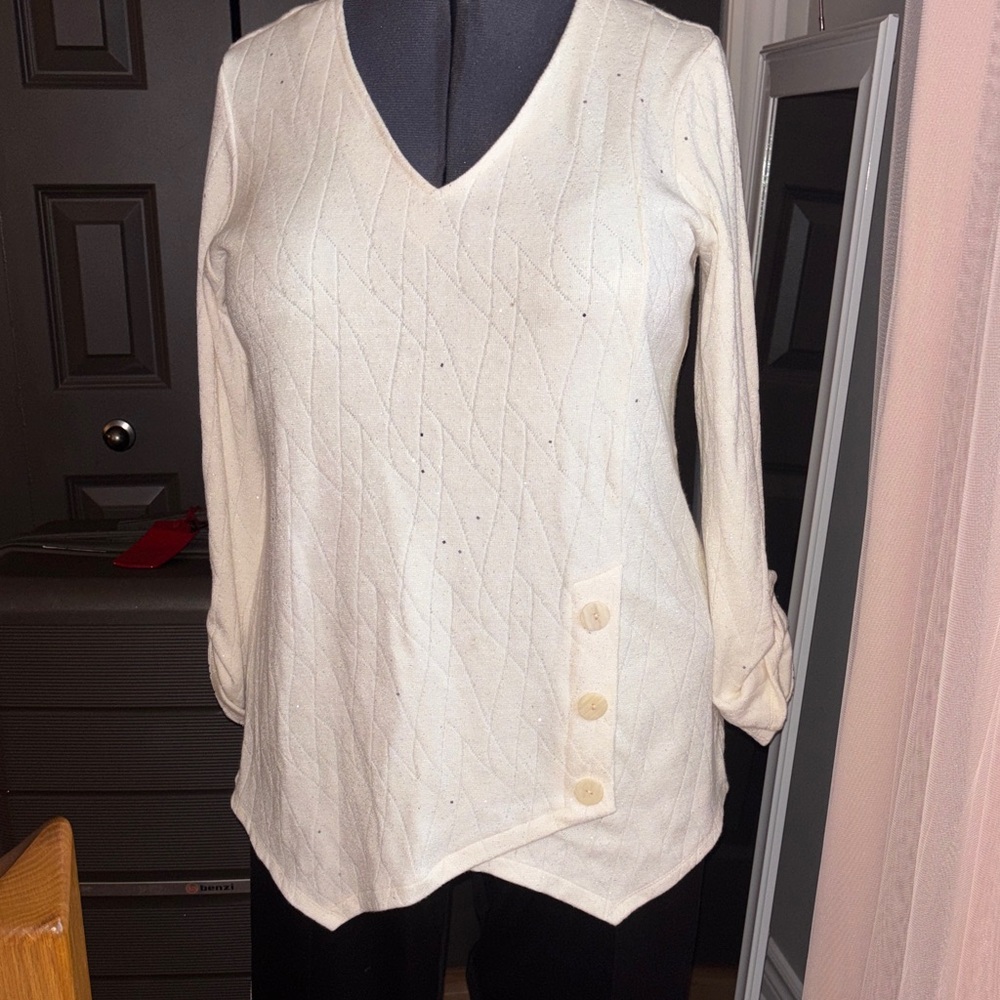 Chic Cream with glitter V-Neck Women's Blouse